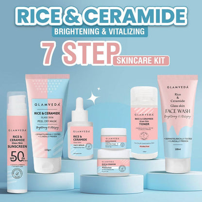 KOREAN GLASS SKIN RICE & CERAMIDE 7 STEP GIFT BOX | FACE WASH, PEEL OFF MASK, TONER, SERUM, UNDER EYE CREAM, MOISTURIZER & SUNSCREEN