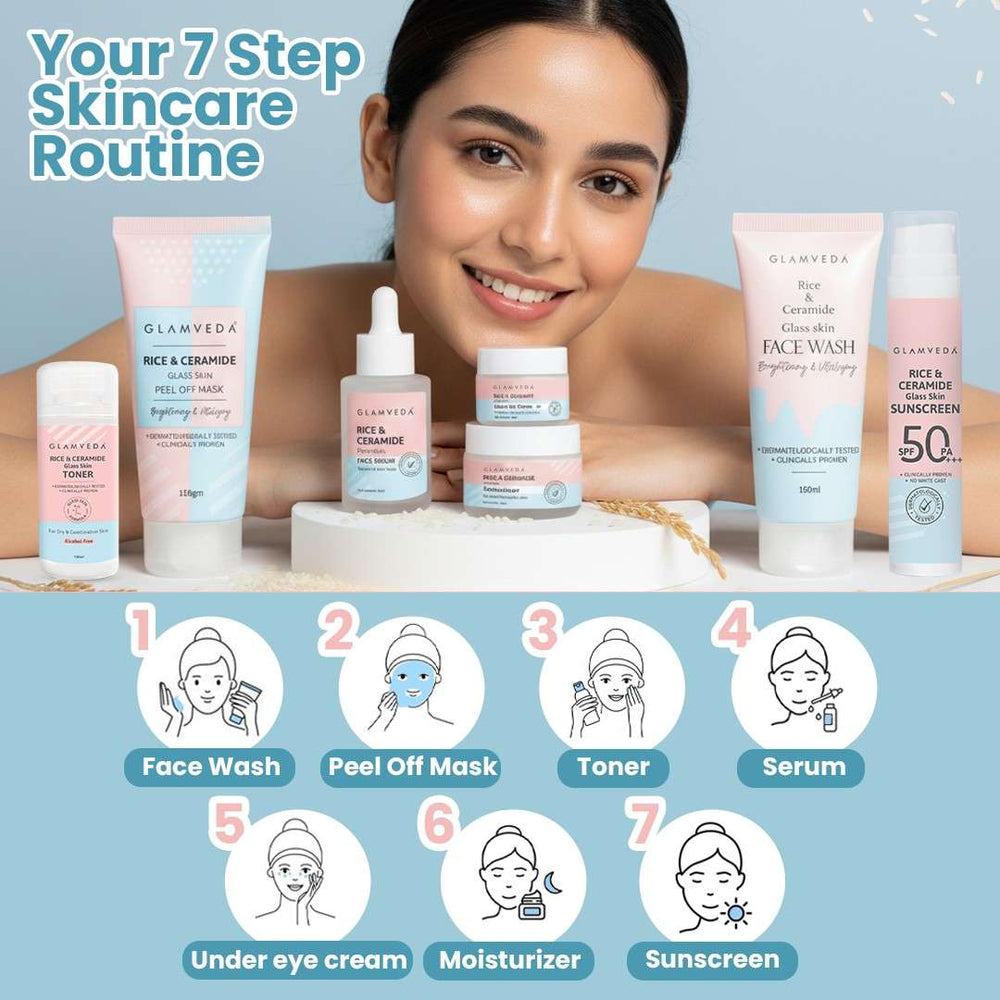 KOREAN GLASS SKIN RICE & CERAMIDE 7 STEP GIFT BOX | FACE WASH, PEEL OFF MASK, TONER, SERUM, UNDER EYE CREAM, MOISTURIZER & SUNSCREEN